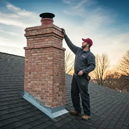 Technician in Heritage Chimney Services branded work clothes carefully inspecting a large brick chimney on a high-end
