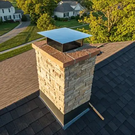 High-angle architectural photograph showing a professional chimney flue liner installation on a stone masonry home in Eagan, MN