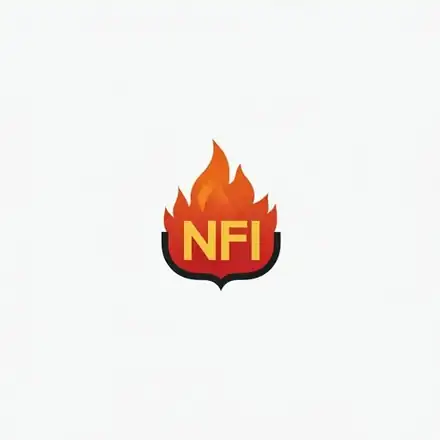 NFI fireplace safety logo, clean white background, stylized modern technical stamp for home service contractors