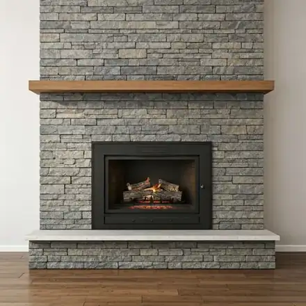 Interior shot of a modern, clean living room featuring a newly installed stone fireplace