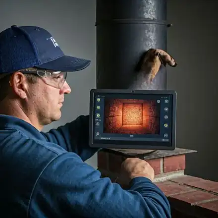 Technician in Heritage Chimney Services branded workwear performing a high-tech internal camera inspection of a