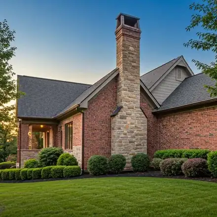 Wide-angle architectural shot of a luxury suburban home in Arden Hills with a prominent, beautifully detailed brick