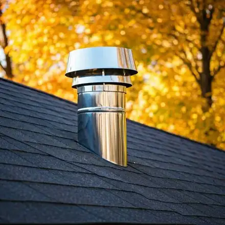 Vertical shot showing a brand new stainless steel chimney liner being expertly installed from the roof of a two-story