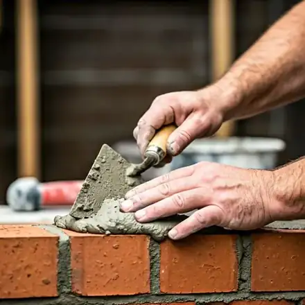 Close-up of a mason's hands using a trowel to apply mortar between bricks on a heritage building restoration project