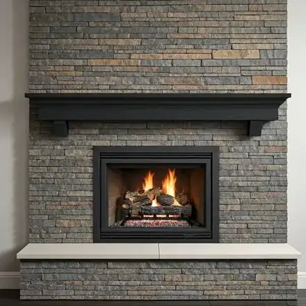 Interior shot of a modern, clean living room featuring a beautifully restored stone fireplace