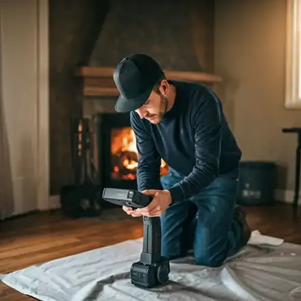 Chimney sweep in clean, modern work attire using a specialized high-definition camera tool for an internal inspection
