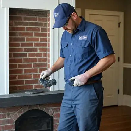 Technician in a branded Heritage Chimney Services uniform performing a Level 2 chimney inspection with advanced