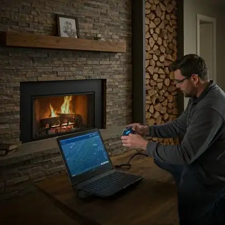 Technician performing a professional Level 2 chimney inspection using high-tech camera equipment in a modern Cottage