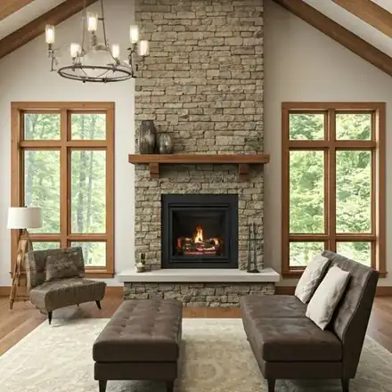 Beautiful, large fireplace featuring natural fieldstone masonry in a modern Mounds View living room