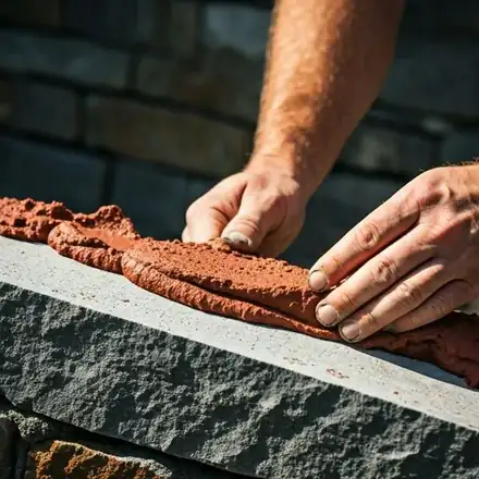 Shot of a mason's hands carefully applying fresh red mortar between weathered gray stones during a historic